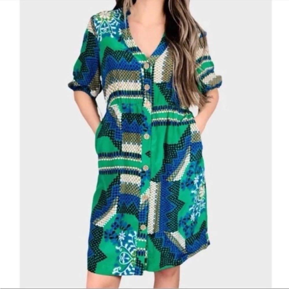 Anthropologie Silk Moulinette Soeurs Rainforest Morning Dress wood buttons print